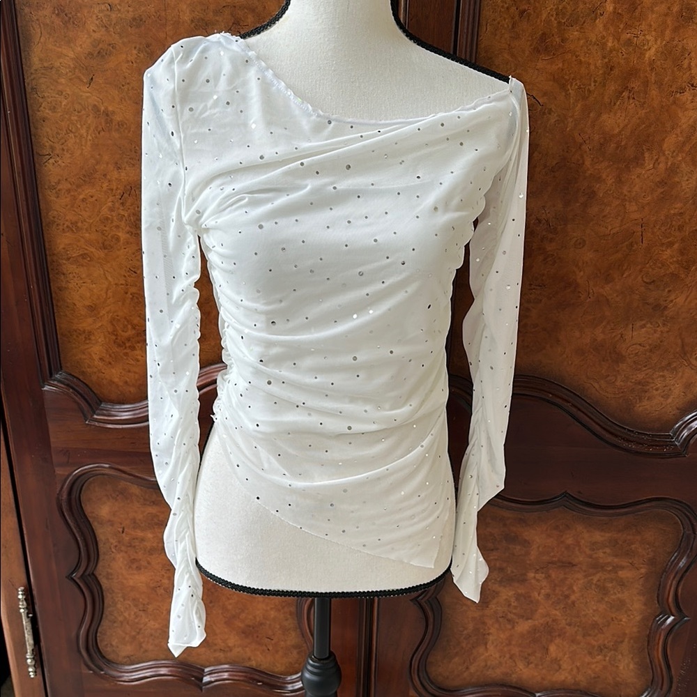 SHEIN Elegant White Ruched Top with Silver Sequin Accents
